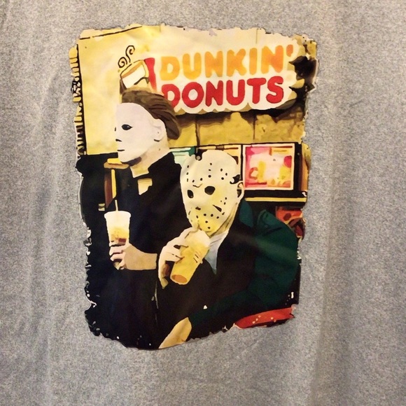 Womens Gray Halloween Movie Serial Killers at Donut Shop Short Sleeve Tee - Picture 7 of 12